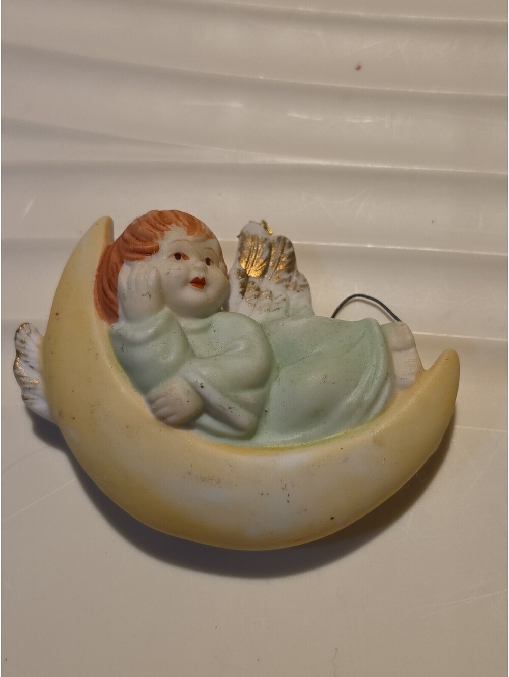 Vtg Christmas Ornament Ceramic Angel Blue Robe Brown Hair On Yellow Moon 3”